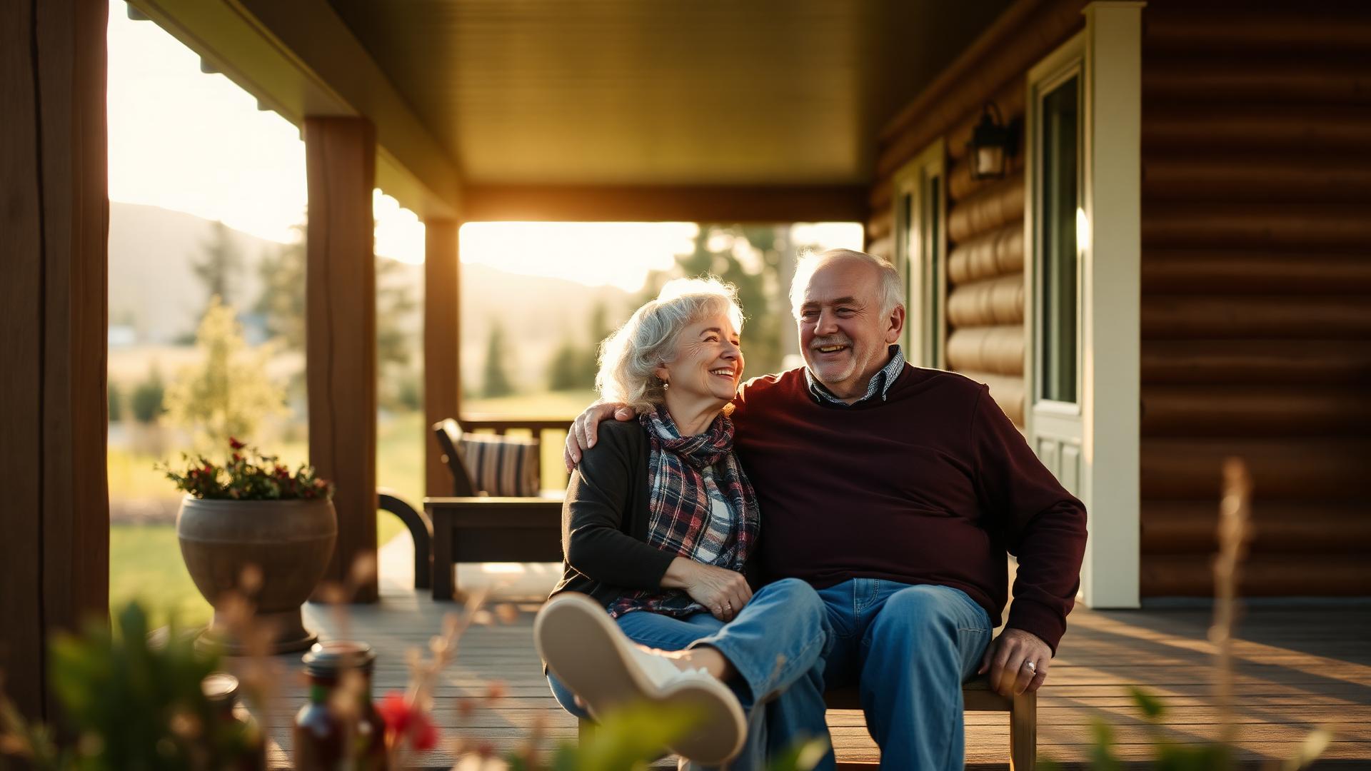 An older couple sharing a warm moment on a porch in Idaho