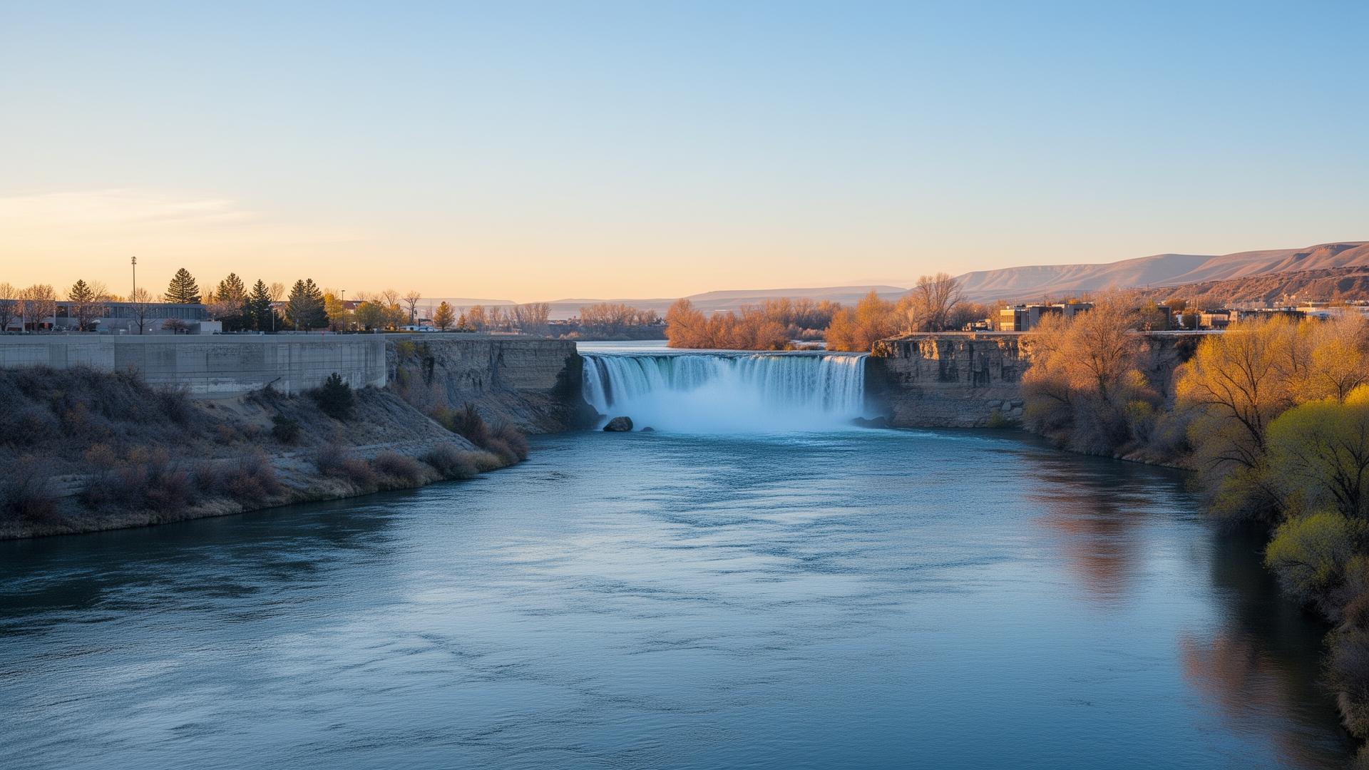 The Snake River and Idaho Falls waterfalls at golden hour